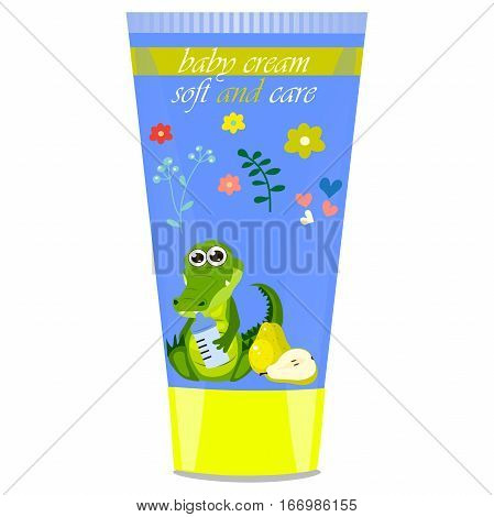 High quality original trendy vector pear Baby cream tube with kids design and crocodile or alligator on floral background illustration