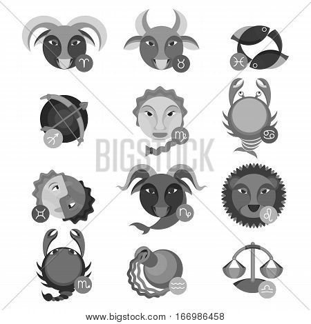 Set of colorless astrology signs. Fire aries near leo and sagittarius, earth signs are taurus, virgo and capricorn, air gemini, water signs cancer with scorpio and pisces, libra and aquarius vector