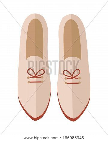 Pair of women's shoes icon. Beige leather or suede loafers with laces  for autumn season flat vector illustration isolated on white background. For shoes store ad, wear concept, app button, web design