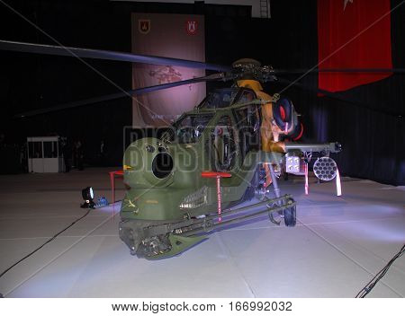 ANKARA, TURKEY - JUNE 10 2014 : T129 ATAK Helicopter in the hangar of Turkish Land Forces Aviation Command 