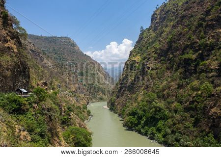 Landscape of a Beas river and Kullu valleyon the way to Manali, Himachal Pradesh. Northern India.