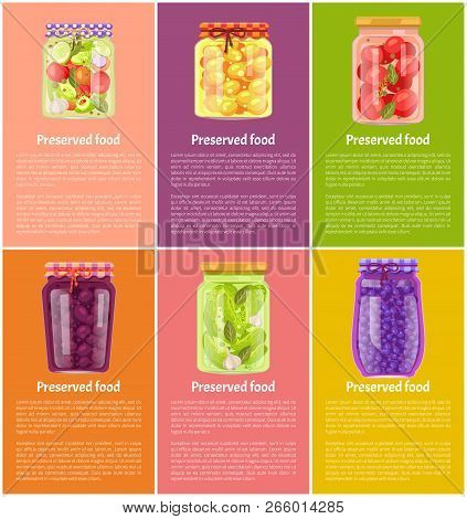 Preserved Fruit And Vegetables Set Vector Illustration. Apricot And Blueberry, Plum And Cucumber, To