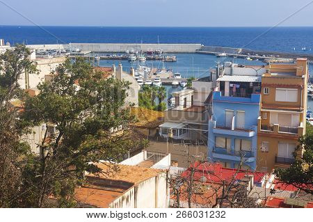 Blanes. View On Blanes From Hill. Sea Port With Yachts And Boats In Blanes, Costa Brava, Spain. Medi