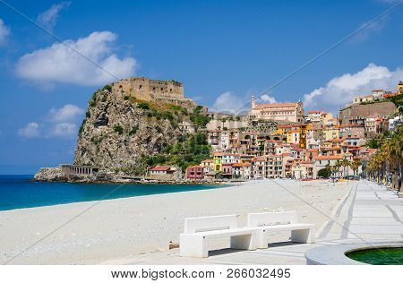 Beautiful Seaside Town Village Scilla With Old Medieval Castle On Rock Castello Ruffo, Colorful Trad