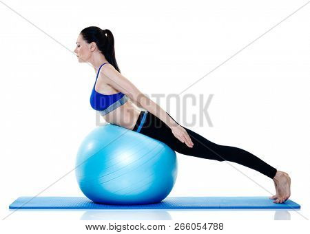 one caucasian woman exercising fitness pilates exercices isolated on white background