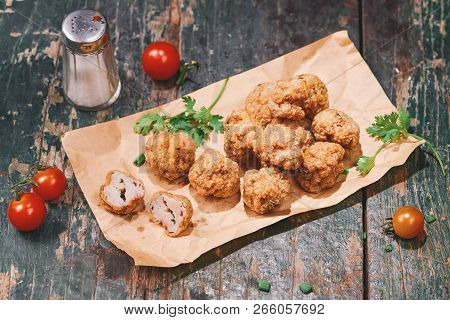 Vietnamese Food. Delicious Homemade Fish Balls On Wooden Table.