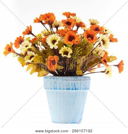 Colorful Fake Flower Handcraft From Cloth In Vase For Decoration, Studio Shot Isolated On White Back