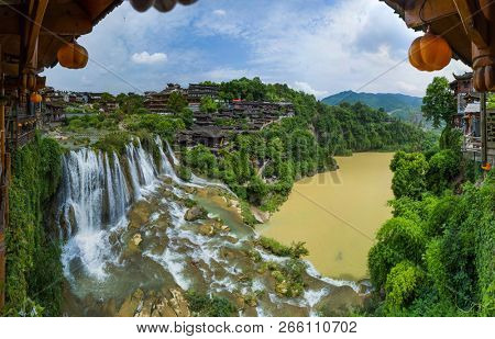 Furong ancient village and waterfall - Hunan China - travel background