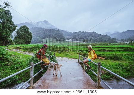 Lover Asian Man Asian Women Travel Nature. Walking A Photo The Rice Field And Stop Take A Break Rela