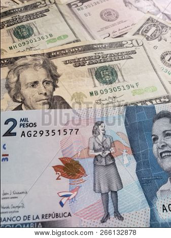 Colombian Banknote Image Photo Free Trial Stock Colombian Banknote Of 2000 Pesos And American Dollars Bills Background Texture