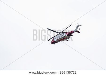 Ogwen Glen , Wales - April 29 2018 : British Hm Coastguard Helicopter Sikorsky S-92 Operated By Bris