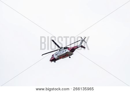 Ogwen Glen , Wales - April 29 2018 : British Hm Coastguard Helicopter Sikorsky S-92 Operated By Bris