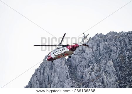 Ogwen Glen , Wales - April 29 2018 : British Hm Coastguard Helicopter Sikorsky S-92 Operated By Bris