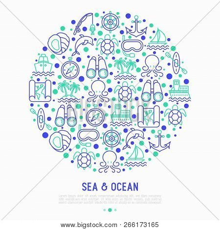 Sea And Ocean Journey Concept In Circle With Thin Line Icons: Sailboat, Fishing, Ship, Oysters, Anch