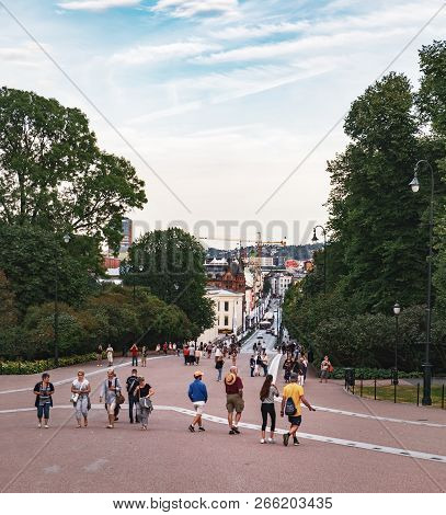 Oslo, Norway - August 3, 2018: People Walk Oslo Main Street Karl Johans Gate At The Slottsplassen, R