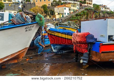 Colorful Boats In Camara De Lobos During Hurricane Leslie - Maderia, Portugal