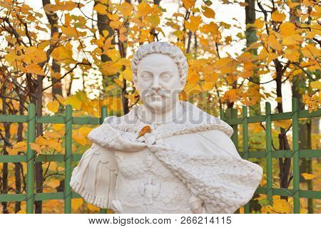 Statue Of Jan Sobieski In Summer Garden At Autumn Evening In Saint Petersburg, Russia.