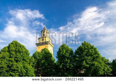 Bell Tower And Clock Of Protestant Santa Maria Magdalena Church Kyrka On Sodermalm Island With Green
