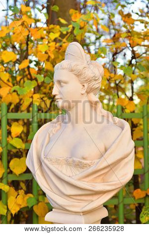 Statue Of Allegory Peace In Summer Garden At Evening, St.petersburg, Russia.