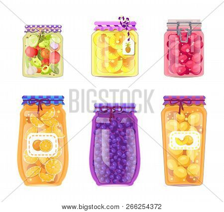 Preserved Fruit And Vegetables Set Vector Illustration. Pineapple And Peach, Orange And Blueberry, C