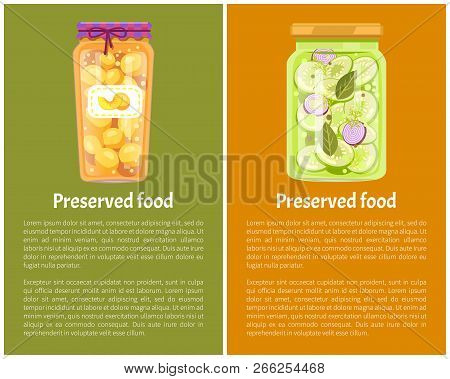 Preserved Fruit And Vegetables Set Vector Illustration. Sweet Peach Marmalade And Salt Salad Of Slic