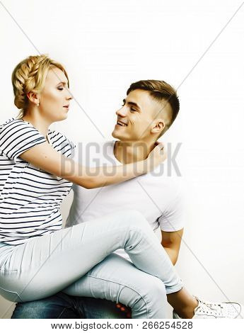 Young Pretty Teenage Couple, Hipster Guy With His Girlfriend Hap