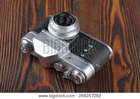 Moscow, Russia, April 20, 2017. The Old Soviet 35 Mm Slr Camera Zenit 3, Released1961.