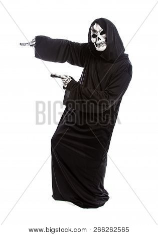 Halloween Costume Of A Skeleton Grim Reaper Wearing A Black Robe On A White Background Acting Happy 