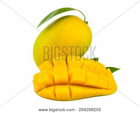 Mango Fruit With Mango Cubes And Slices. Isolated On A White Background.