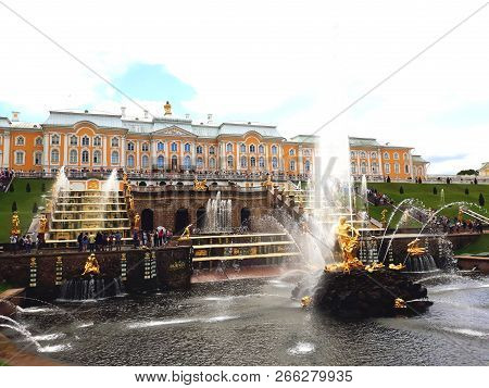 Saint Petersburg, Russia - August 7, 2018: Grand Cascade Of The Pertergof Palace