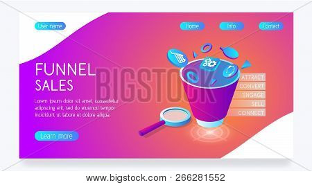 Vector Bright Website With Funnel Sales. Violet Site With Digital Marketing And E-business Technolog