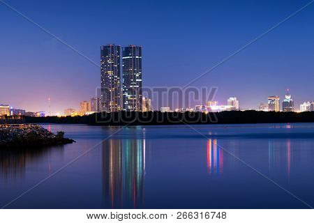 Ras Al Khaimah, United Arab Emirates - October 30, 2018: Ras Al Khaimah Creek Night View With Calm W