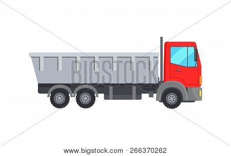 Garbage Collector Truck With Red Cabin Vector Big Heavy Car Isolated On White. Auto For Collecting R