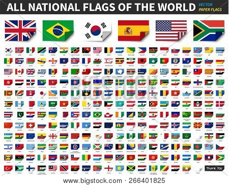All National Flags Of The World . Paper Design With Bend At Corner . Elements Vector .