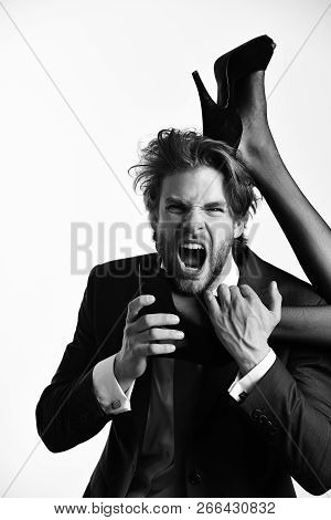Sexy Legs Of Woman Body And Shouting Man In Suit, Shoe Style, Isolated On White Background, Infideli
