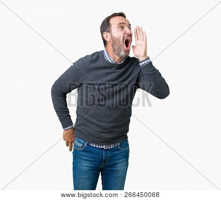 Handsome middle age senior man wearing a sweater over isolated background shouting and screaming loud to side with hand on mouth. Communication concept.