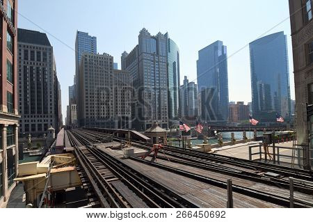 Looking South On The Wells Street Bridge Railroad Tracks Over The Chicago River South Into The Downt