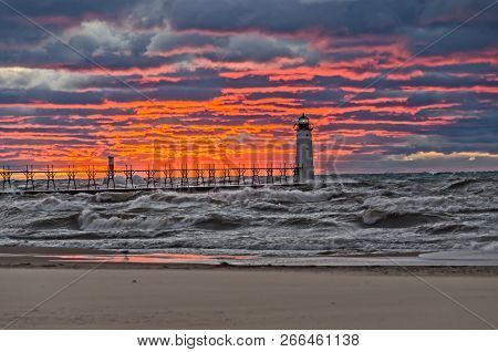 First Day Of Fall Sunset On Lake Michigan At The Manistee North Pierhead Lighthouse