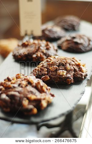 Baked Healthy Cookies In A Vitrine Of A Cafe