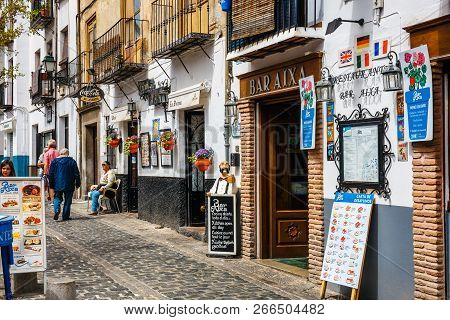 Granada, Spain, April 06, 2018: Street View Of The Historic District Of Albaicin In Granada, Andalus