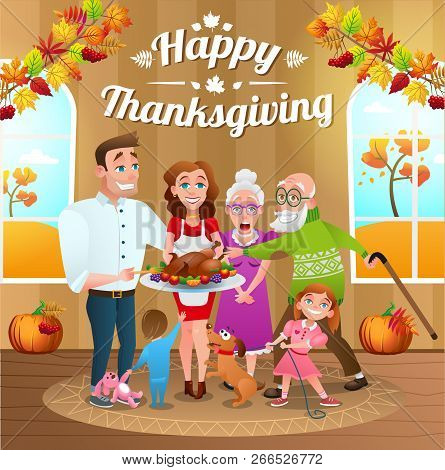 Illustration For Thanksgiving Day. Happy Family With Baked Turkey. Background Decorated With Autumn 