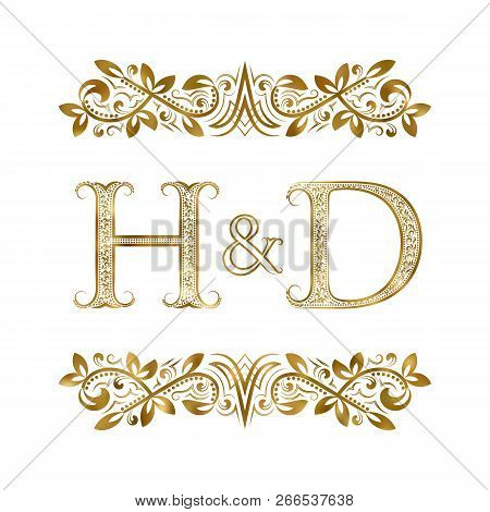 H And D Vintage Initials Logo Symbol. The Letters Are Surrounded By Ornamental Elements. Wedding Or 