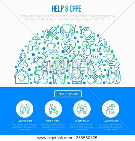 Help And Care Concept In Half Circle With Thin Line Icons: Symbols Of Support, Help For Children And
