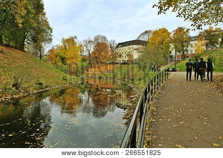Walking Path Along The River In City In Autumn. River Akerselva In Oslo, Norway.