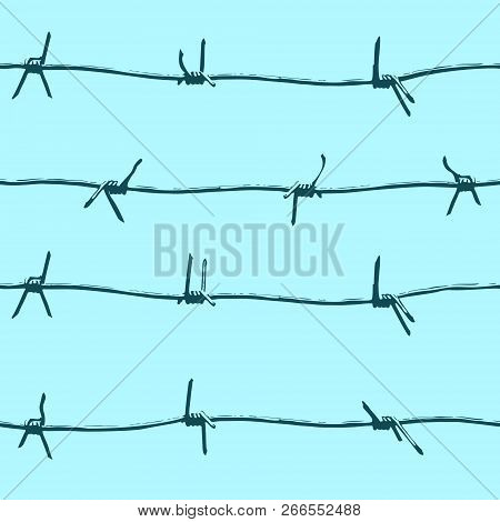 Barbed Wire Seamless Vector Pattern On Blue Background.