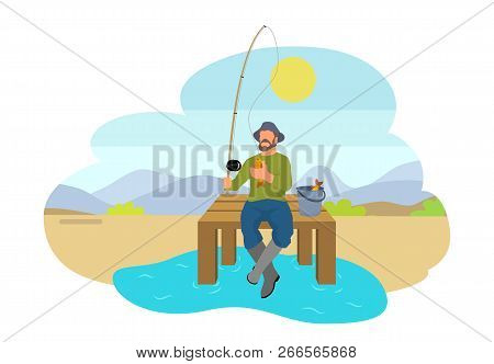 Fishing Fisherman With Rod And Fish Vector Illustration. Fisher Sitting On Platform With Fish-rod An