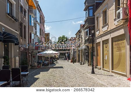 Kapana, Plovdiv, Bulgaria - July 5, 2018:  Street And Houses In District Kapana, City Of Plovdiv, Bu