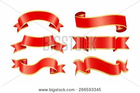 Glossy Silk Or Satin Decorative Waviness Ribbon Types Isolated. Old Heraldic Vector Curled Tapes And