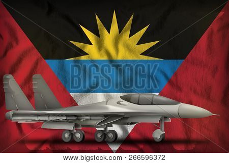 Fighter, Interceptor On The Antigua And Barbuda Flag Background. 3d Illustration