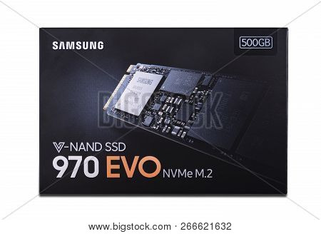 Uzhgorod, Ukraine - October 25, 2018: Box Of Samsung 970 Evo Ssd Hard Disk Drive On White Background
